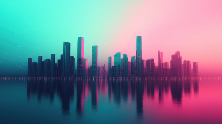 A vibrant city skyline reflects on water, bathed in neon hues of pink and turquoise, creating a surreal and futuristic atmosphere.の素材