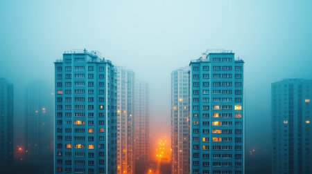 A misty cityscape featuring tall apartment buildings illuminated by warm lights, creating a serene and mysterious atmosphere.の素材