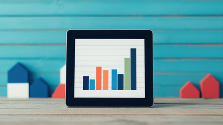 A tablet displaying a colorful bar graph sits on a wooden table, with colorful house models in the background against a blue wooden wall.の素材