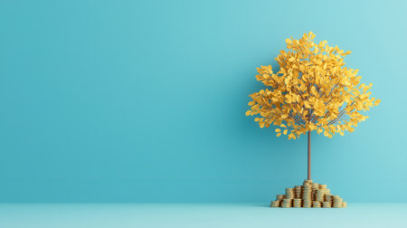 A golden tree sprouting from a mound of coins against a turquoise background, symbolizing wealth and prosperity.の素材