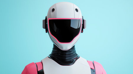 A futuristic robot with a sleek design and a pink and white color scheme, set against a light blue background.の素材