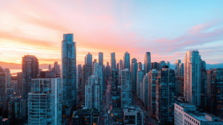 A stunning skyline at sunset, featuring tall buildings silhouetted against a colorful sky, capturing the essence of urban beauty.の素材
