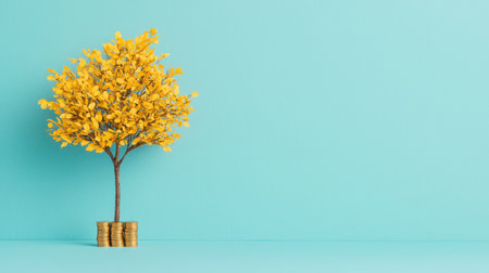A vibrant yellow tree stands against a turquoise background, creating a striking visual contrast and evoking a sense of freshness and vitality.の素材