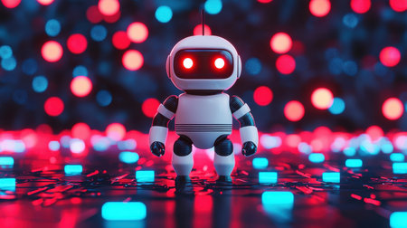 A cute robot stands among colorful lights, glowing with red eyes, set against a vibrant, illuminated background.の素材