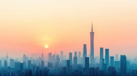 A serene city skyline at sunset, featuring towering skyscrapers silhouetted against a colorful sky.の素材