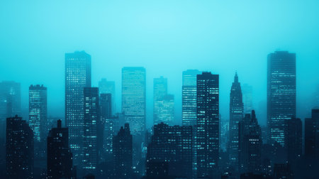 A misty city skyline with towering buildings silhouetted against a soft blue backdrop, creating a serene and atmospheric urban scene.の素材