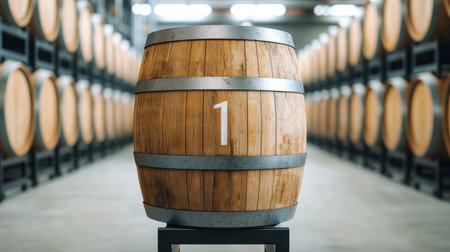 A wooden barrel with a metal band, marked with the number "1," stands in a spacious cellar lined with other barrels.の素材