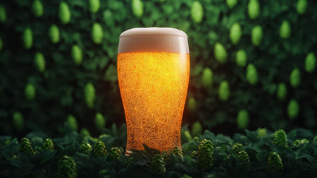 A glass of frothy amber beer sits prominently against a lush green background, highlighting its refreshing appeal.の素材