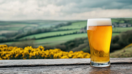 A glass of golden beer sits on a wooden table, overlooking a lush green landscape dotted with yellow flowers under a cloudy sky.の素材