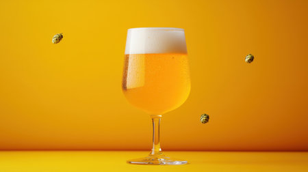 A vibrant glass of golden beer with a frothy top, set against a bright yellow background, creates a refreshing and inviting atmosphere.の素材