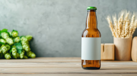 A brown glass bottle with a blank label sits on a wooden table, surrounded by hops and wheat, against a textured gray background.の素材