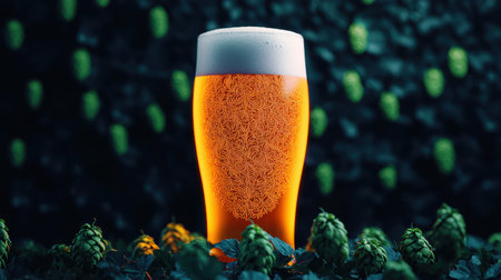 A vibrant glass of beer sits prominently against a backdrop of hops, showcasing its golden color and frothy head.の素材