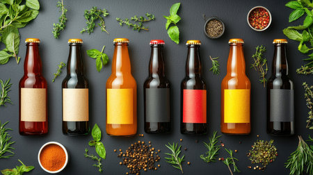 An array of craft beer bottles with blank labels, surrounded by fresh herbs and spices on a dark surface, creating a vibrant and inviting scene.の素材
