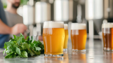 A set of freshly poured beers sits on a countertop beside fresh mint, suggesting a brewing or tasting session in a casual, inviting environment.の素材