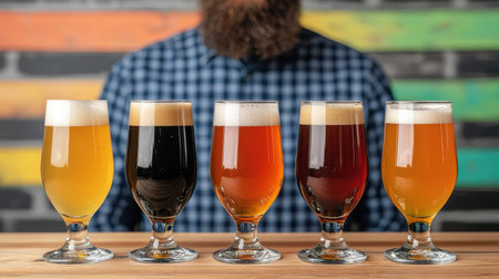 A row of five beer glasses filled with different types of beer, set on a wooden surface, with a blurred background featuring a person with a beard.の素材