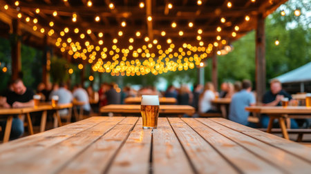 A cozy outdoor scene with a glass of beer on a wooden table, illuminated by warm string lights, creating a festive atmosphere.の素材