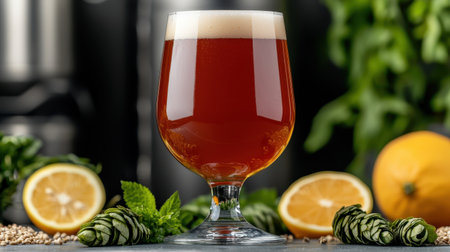 A glass of amber beer sits elegantly, topped with frothy foam, surrounded by fresh mint, citrus fruits, and leafy greenery, showcasing a refreshing beverage.の素材
