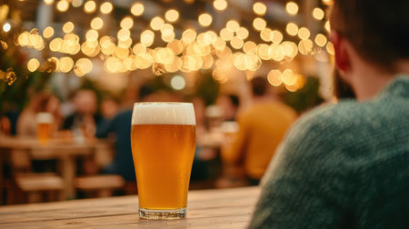 A person enjoys a pint of beer at a lively social gathering, with soft, glowing lights creating a warm and inviting atmosphere.の素材