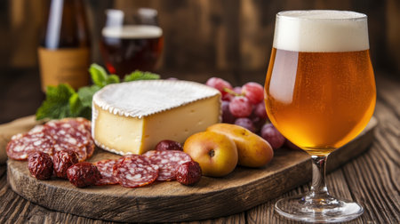 A delicious spread featuring cheese, salami, fresh fruits, and a glass of beer on a rustic wooden board.の素材