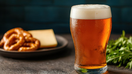 A frosty glass of amber beer next to pretzels and cheese, set against a dark background, showcasing a classic snack pairing.の素材