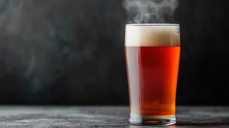A frothy glass of amber beer with steam rising, set against a dark background, evoking warmth and a cozy atmosphere.の素材
