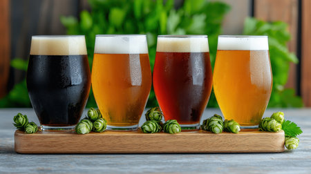 A colorful flight of four craft beers served in glasses, showcasing different styles and hues, with fresh hops arranged on a wooden board.の素材