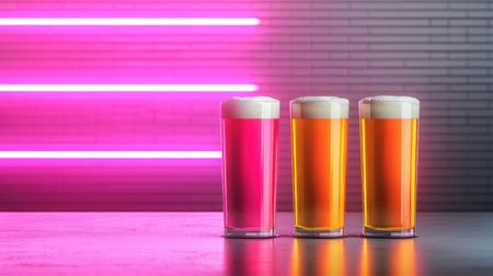 Three colorful drinks in tall glasses against a backdrop of vibrant neon lights, creating a modern and inviting atmosphere.の素材