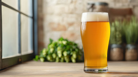 A chilled glass of golden beer with a frothy head sits on a wooden table, surrounded by greenery, in a cozy, rustic setting.の素材