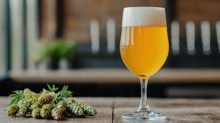 A refreshing glass of golden beer with frothy head, set on a rustic wooden table alongside green hop cones.の素材