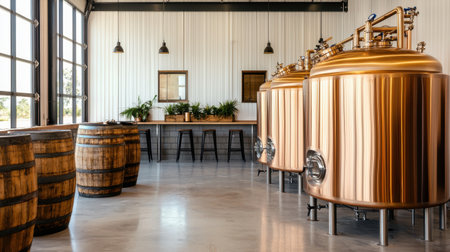 A modern brewing facility with gleaming copper tanks, wooden barrels, and a minimalist design, showcasing a blend of industrial and rustic aesthetics.の素材