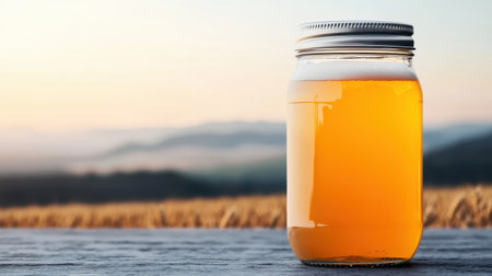 A clear glass jar filled with golden liquid sits on a wooden surface against a serene backdrop of misty mountains and a soft sunset.の素材