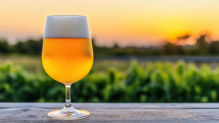 A golden beer in a glass sits on a wooden table, with a scenic sunset and lush greenery in the background.の素材