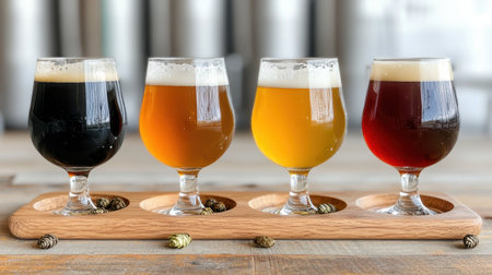 A wooden flight tray holds four distinct beers, showcasing a variety of colors and styles, with foamy tops, set against a blurred background.の素材