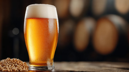 A refreshing glass of golden beer with a frothy head, accompanied by grains, set against a blurred wooden barrel background.の素材