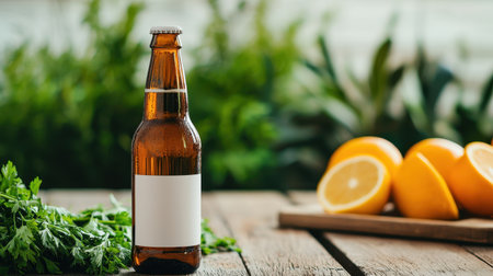A brown beer bottle with a blank label stands beside fresh oranges and leafy greens on a rustic wooden surface, surrounded by lush greenery.の素材