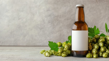 A brown beer bottle sits on a surface next to fresh hops and green leaves, set against a neutral background.の素材