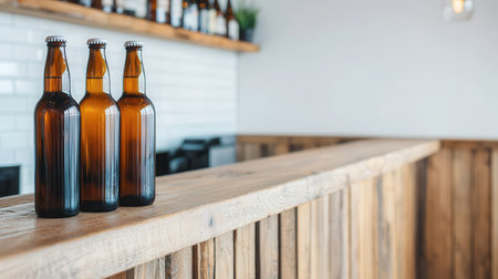 Three brown beer bottles sit on a wooden counter, with a blurred background showcasing more bottles, creating a cozy and inviting atmosphere.の素材