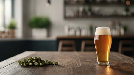 A refreshing glass of beer sits on a wooden table, accompanied by hops, in a cozy bar setting with a blurred background.の素材
