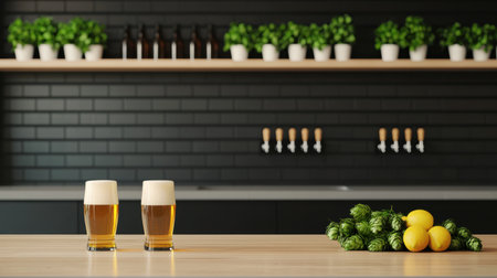 Two glasses of beer sit on a wooden table, accompanied by lemons and hops, with a modern bar featuring potted plants in the background.の素材