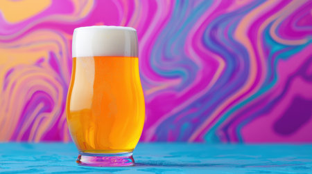 A vibrant glass of beer sits on a colorful background, showcasing its golden hue and foamy top, perfect for a refreshing drink.の素材