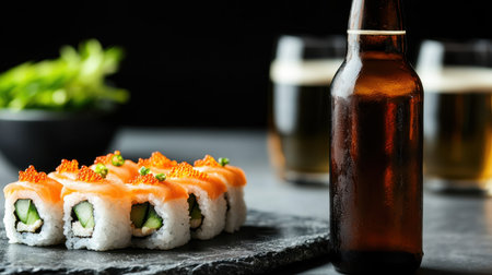 A beautifully arranged plate of sushi with salmon on a slate surface, accompanied by a bottle of beer and a bowl of green garnish.の素材