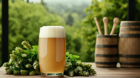 A refreshing glass of beer sits on a wooden table, surrounded by hops and barrels, set against a lush green backdrop.の素材