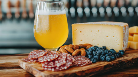 A wooden platter showcases cheese, salami, almonds, blueberries, and a glass of beer, creating an inviting gourmet snack presentation.の素材
