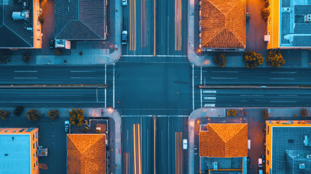 Aerial view of an urban intersection, showcasing colorful rooftops and light trails from moving vehicles at dusk.の素材