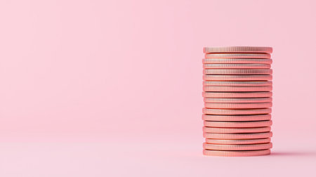 A stack of coins on a soft pink background, symbolizing financial growth and investment potential.の素材