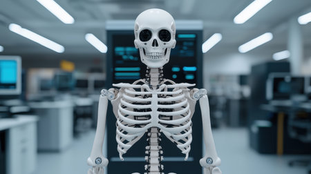 A realistic human skeleton stands in a modern lab setting, surrounded by high-tech equipment, emphasizing anatomy and educational purposes.の素材