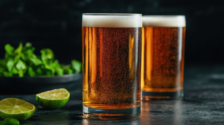 Two glasses of refreshing beer with frothy tops, accompanied by lime slices and fresh herbs, set against a dark backdrop.の素材