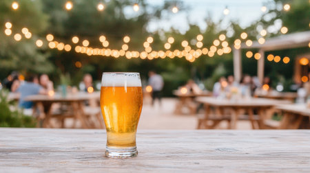 A refreshing glass of beer sits on a wooden table, illuminated by string lights, with a lively outdoor gathering in the background.の素材