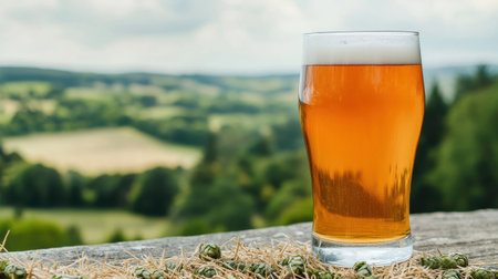A refreshing glass of amber beer sits on a wooden ledge, overlooking a scenic landscape of rolling hills and greenery under a bright sky.の素材