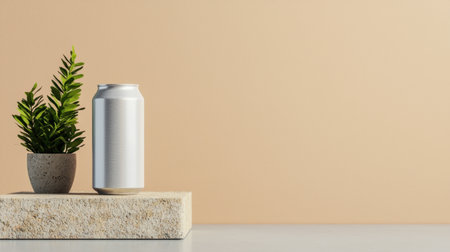 A minimalist setup featuring a small plant in a pot beside a silver can on a concrete surface against a soft beige background.の素材